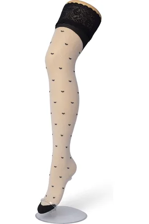 Bonnie Doon Dames Hold Up met Hartjes Print maat S/M - Brede Siliconen Band - Little Hearts Hold Up - Zakt niet af - Bies aan Achterkant - Panty zonder Broekje - Siliconenrand - Blijven Perfect Plakken - Panty Kousen - Ivory - BP201705.250