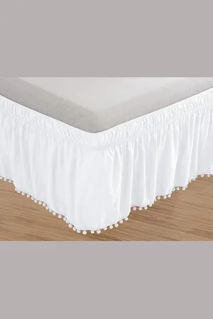 Merkloos Comfortabele Top-Knoop Kwastje Pompom Fringe Ruche Rok - Elastische Bed Wrap - Rond Stijl - Rimpelbestendig - 16" Drop - Koningin/koning - Wit Corner Bed Skirt