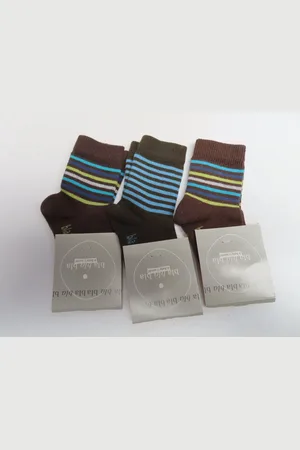 Merkloos Sokken 3 pack - Jongens - Gestreept - Bruin , turqouise - Bruin , blauw, geel grijst - 9 a 12 maand - 74 / 80