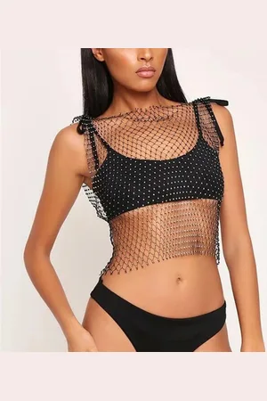 Merkloos Cover up Rhinestone Crop Top Shirts | Sexy Visnet Topje Voor Vrouwen | - L