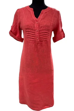 Puro Lino Mooi 100% linnen jurk met korte mouwen - broderie - knoppen - elastische rug - kleur - maat 42
