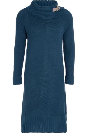 Knit Factory Jamie Gebreide Dames Jurk - Trui jurk dames - Wollen jurk - Herfst- & winterjurk - Wijde jurk - Met warme opstaande kraag - - Donkerblauw - 36/38 - Knielengte