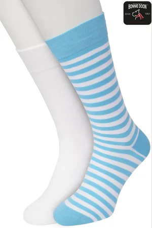 Bonnie Doon Sokken Set Gestreept en Effen voor Heren maat 40/46 - Set met 2 paar Sokken - Strepen - Katoenen Sok - Gladde Naden - Brede Boord - Perfecte Pasvorm - 2-pack - Multipack - Aqua - White - Aquarius - OL0121012.503
