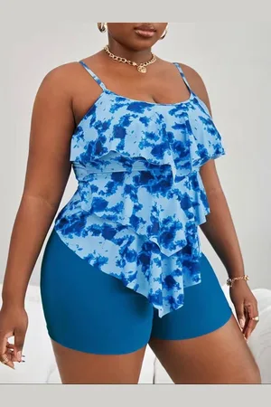 Merkloos Plus Size Vacay Tankini Set- Dames Tie dye Gelaagde Ruffle Cami Top&Short- 2 delig tankini Badpak Bikini Zwenkleding Strandkleding 282-
