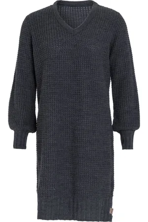Knit Factory Robin Dames Jurk - Gebreide Trui Jurk - Wollen jurk - Herfst- & winterjurk - Wijde jurk - V-hals - - 40/42 - Knielengte