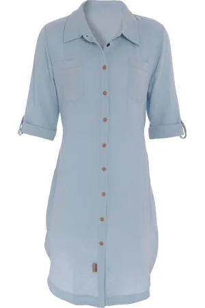 Knit Factory Kim Dames Blousejurk - Lange blouse dames - Blouse jurk lichtblauw - Zomerjurk - Overhemd jurk - S - - 100% Biologisch katoen - Knielengte