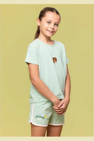 Woody Pyjama meisjes/dames - lichtroze/ gestreept - leeuw - 241-10-PZG-Z/912 - maat 140