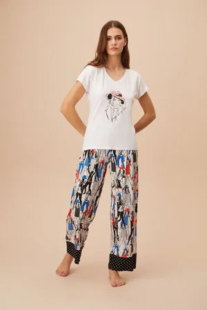 Merkloos Suwen- Dames 2- Delige -Pyjama- Luxe Pyjamaset- Nachtkleding -Homewear- Zwart Print