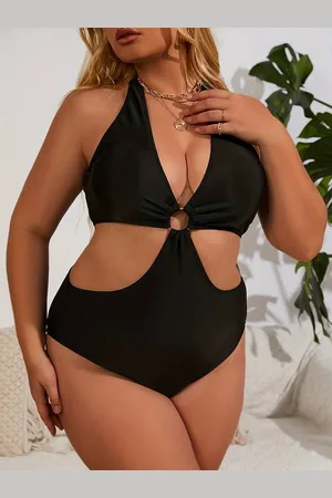 Merkloos Grote maten sexy badpak uit één stuk, dames plus massief uitgesneden ringdecor halternek zwempak, bikini badmode tank strandkleding zwemkleding 031- - maat XL