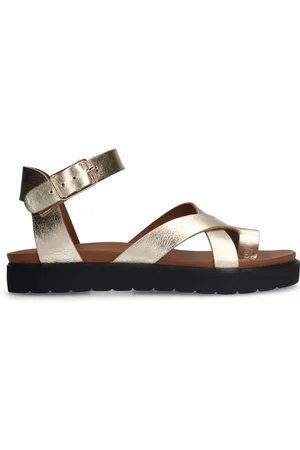 Manfield Dames - Gouden leren sandalen met plateauzool