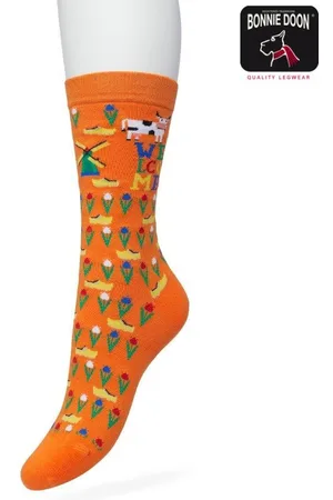 Bonnie Doon Dames Sokken met Klompen Print maat 36/42 Oranje - Thema Sokken - Nederland - Holland - Souvenir - Cadeau Sokken - Word je Happy en vrolijk van - Zacht Katoen met Gladde Teennaad - Perfect Cadeau - - BT991123.172
