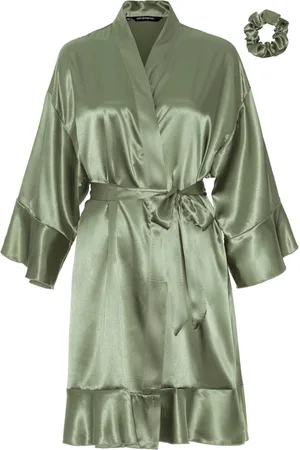 Merkloos Satijnen kimono ruffle – kort model dames kimono – satijnen ochtendjas – satijnen kamerjas – negligé – onesize (36-42) – 100% satijn polyester – Satin Luxury – trendy kimono badjas – satijnen damesbadjas met ruffles – GRATIS haar crunchie