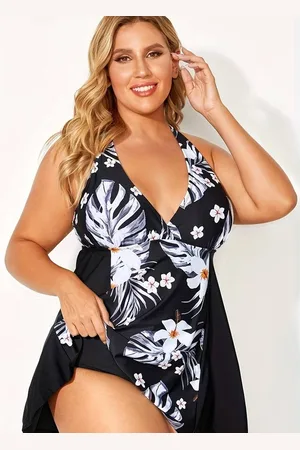 Merkloos Tankini set design, badpak voor dames, elegante bloemenprint, zwemrok met V-hals en stijlrok, comfortabele stretchpasvorm, 2-delige set ,badpak zwempak strandkleding zwemkleding 255, , maat XXL
