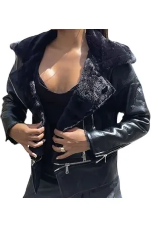 Merkloos Dilena fashion Jas-Jack faux leder zwart-ritsen -faux bont kraag