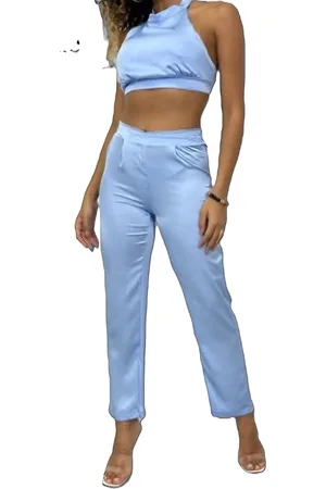 Merkloos Dames 2Delig Set Broek-Top satijn sky blue