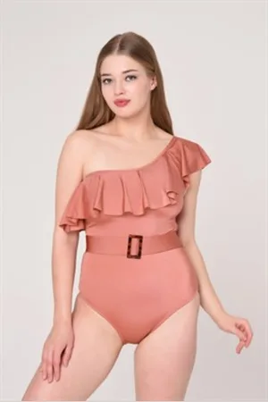 Merkloos Badpak dames- Trendy badpakken- Riem Gedetailleerd One Shoulder Flounce zwempak meisjes 195-