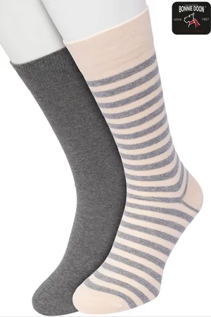 Bonnie Doon Sokken Set Gestreept en Effen voor Heren maat 40/46 - Set met 2 paar Sokken - Strepen - Katoen - Gladde Naad - Brede Boord - Perfecte Pasvorm - 2-pack - Multipack - Lichtroze - Medium Grey Heather - Almost Apricot - OL0121012.9