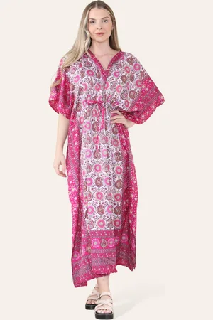 Merkloos Lange dames kaftan jurk Thyra paisleymotief fuchsia wit geel lila zwart strandjurk strandkaftan