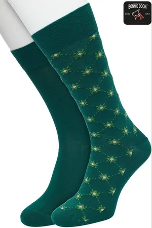 Bonnie Doon Heren Sokken set Donker Groen maat 40/46- 2 paar - Effen - Diamant Ruit - Print - Gladde Naden - Brede Boord - Uitstekend Draagcomfort - 2-pack - Multipack - Effen - Little Diamonds - Donkergroen - - OL2225052.380