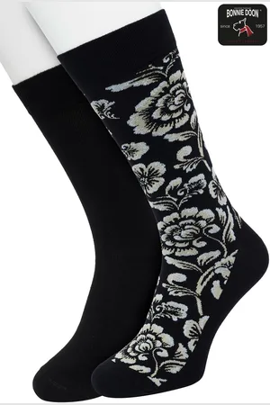 Bonnie Doon Heren Sokken set Zwart maat 40/46 - 2 paar - Effen - Bloemen - Print - Gladde Naden - Brede Boord - Uitstekend Draagcomfort - 2-pack - Multipack - Effen - Barock Flower - - OL2225032.101