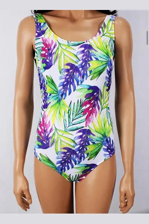 Merkloos Tropische balderen print badpak- Dames Zwempak Swimsuit 414- Wit groen