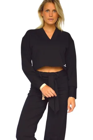 Merkloos Zwarte dames kledingset met hoge taille broek - Flared - Dames kleding - High waist - Crop top - zwart - L