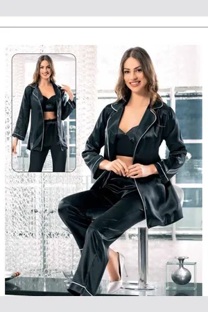 Merkloos Kimono- Nachtjapon- Luxe Dames Pyjama Set 3-delig- Sexy Nachtkleding satijn 2060-