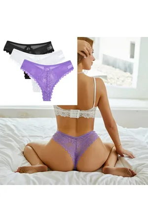Merkloos 3 Pack - Sexy Brazilian Dames String - Kant - Paars, Wit en Zwart - Dames Lingerie / Ondergoed Set
