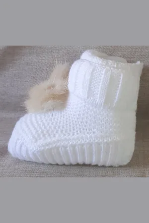 Mac Gebreide Baby Slofjes / babysokjes| PA48 | Ecru/Créme |Unisex |Met leuke pom pom | One size