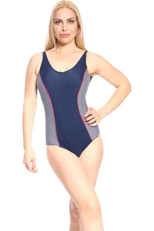 Merkloos Badpak dames- Corrigerend zwempak dames- Meisjes badmode 773- Blauw met rood wit streep