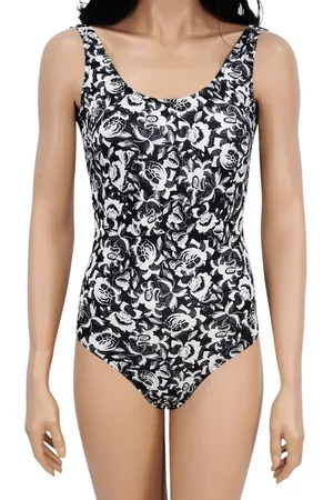 Merkloos Badpak- Zwempak- Dames Badmode 405- Zwart/Wit met bloemdetails