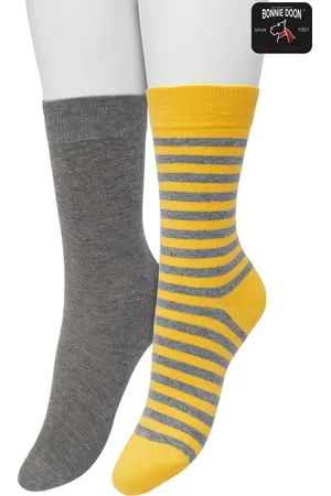Bonnie Doon Sokken Set Gestreept en Effen voor Dames Geel/Grijs maat 36/42 - Set 2 paar Sokken - Strepen - Katoen - Gladde Naad - Brede Boord - Perfecte Pasvorm - 2-pack - Multipack - Goud - Anthracite Heather - - OL041101.233