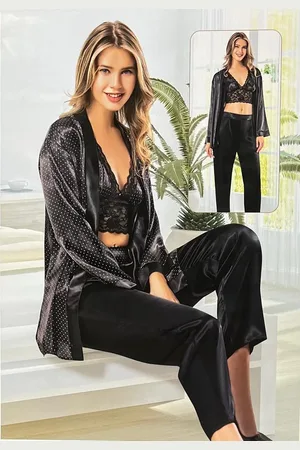 Merkloos Luxe Pyjama Set 3 delig- Ochtendjas Set- Nachtjapon- Dames Pyjama Zijdezacht Satijn- Driedelige Sexy Pyjama Cadeauset voor Vrouwen- Pyjama+Beha Set- Dames Nachtmode- Kimono 3019- Zwart
