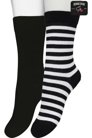 Bonnie Doon Sokken Set Gestreept en Effen voor Kinderen Zwart/Wit maat 27/30 - Set met 2 paar Sokken - Unisex - Jongens - Meisjes - Kids - Strepen - Katoen - Gladde Naad - 2-pack - Multipack - White - Black - OL0431012.142