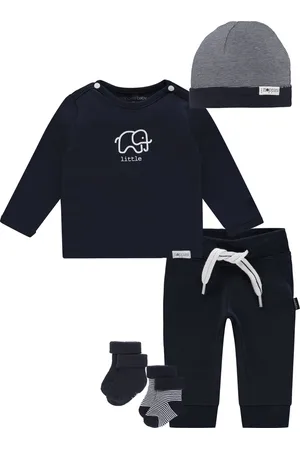 Noppies Kledingset - 5delig - broek navy - shirt met olifantje - 2paar sokjes - Mutsje