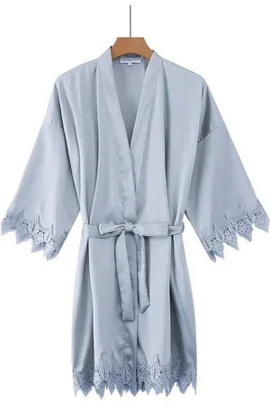 Merkloos Kimono dames satijn met kant- grijs - one size