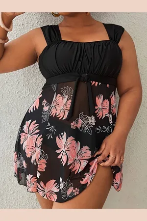 Merkloos Tankini set 2 delig- Half doorzichtige zwemjurk- Chique brede band bloemenprint strandkleding zwemjurk & slip- Bikini zwempak badkleding- badmode badpak strandkleding 8002-
