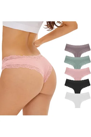 Merkloos 5 Pack - Sexy Dames Slip met Kant - Nude, Roze, Zwart, Groen en Wit - Onderbroek 95% Katoen - Dames Lingerie / Ondergoed Set - Brazilian String