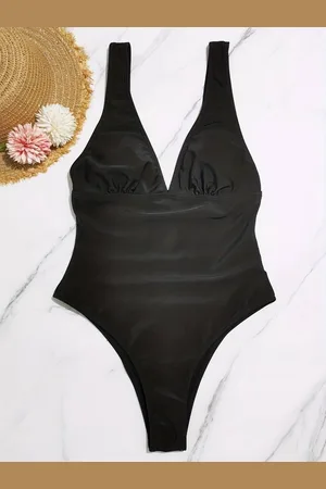Merkloos Zwempak met diepe V-hals- Corrigerend hoog uitgesneden badpak- Dames Badmode Zwemkleding strandkleding 87- Zwart