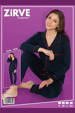 Merkloos Dames Pyjama - Pyjamaset - Katoen - - Doorknoop - Zirve 2636 _