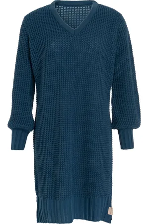 Knit Factory Robin Dames Jurk - Gebreide Trui Jurk - Wollen jurk - Herfst- & winterjurk - Wijde jurk - V-hals - - 40/42 - Knielengte