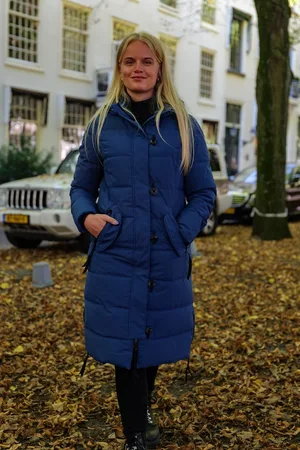 Merkloos Lange dames winterjas - Gewatteerd en getailleerd - Blauw