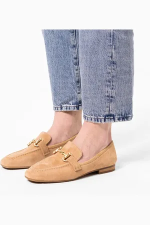 Manfield Dames - suède loafers met goudkleurig detail