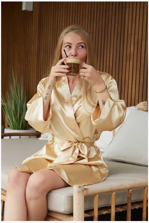 Merkloos Badjas kimono satijn dames -100% polyester satijn – Champagne kleurige kamerjas - One size (36-42)
