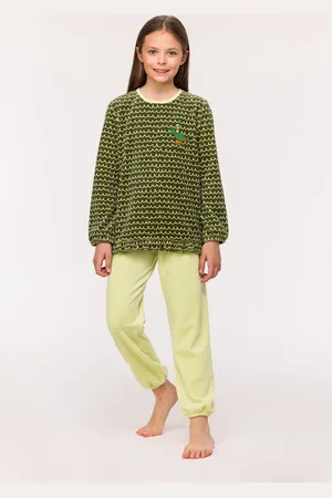 Woody Meisjes-Dames Pyjama in velours - Groene golfjes - 12 jaar/152