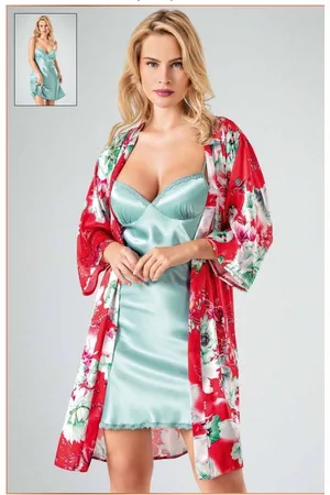 Merkloos Satijn Dames 2- Delige Nachtjapon/ Ochtendjas -Pyjama- Luxe Pyjamaset- Lingerie- Sexy- Nachtkleding