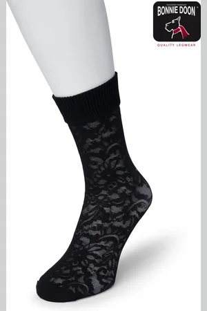 Bonnie Doon Dames Sokken met Kant maat 36/42 Zwart - Panty Sokjes - Doorschijnende Sokken - Feestelijk - Semi Transparant - Kanten Sokken - Bloem Patroon - Uitstekende Pasvorm - Flower Sock - - BP201101.101