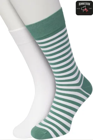 Bonnie Doon Sokken Set Gestreept en Effen voor Heren maat 40/46 - Set met 2 paar Sokken - Strepen - Katoenen Sok - Gladde Naden - Brede Boord - Perfecte Pasvorm - 2-pack - Multipack - White - Misty Green - OL0121012.504