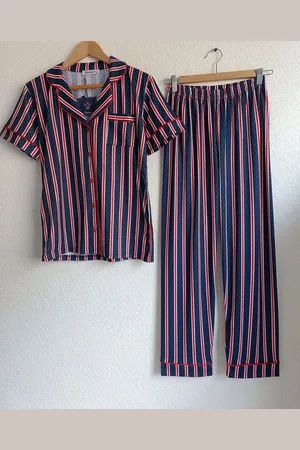 Merkloos Dames 2- Delige -Pyjama- Luxe Pyjamaset- Nachtkleding- Homewear -Katoen- Cadeauset voor Vrouwen- Zomer- Gestreept