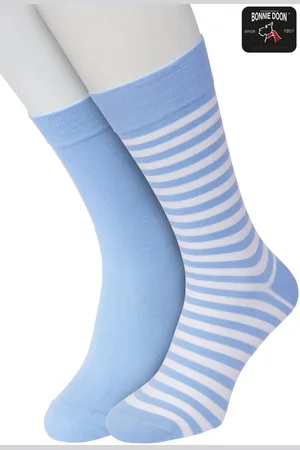 Bonnie Doon Sokken Set Gestreept en Effen voor Heren maat 40/46 - Set met 2 paar Sokken - Strepen - Katoen - Gladde Naden - Brede Boord - Perfecte Pasvorm - 2-pack - Multipack - Licht Blauw - Baby Blauw - Powder Blue - OL0121012.328
